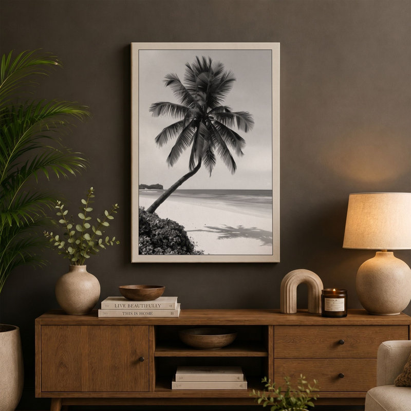 Leaning Palm Coastal - Wrapped Canvas, 36x24 - 91.4 x 61.0 cm, Black Border