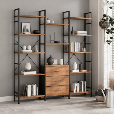 Bibliothèque industrielle à 5 niveaux avec 3 tiroirs en tissu et 10 tablettes de présentation, bibliothèque robuste pour le rangement et l'organisation du bureau à domicile
