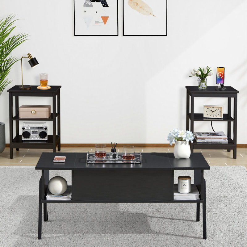 Table basse à plateau relevable et table de bout avec ports USB de rangement, Noir, noir, noir, noir