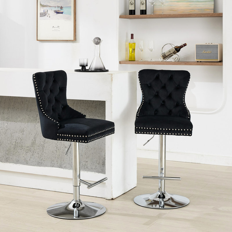 Thick Swivel Velvet 17.7" Base Adjustable 25 - 33" Height Modern Upholstered Buttons Diamond Sponge Spring Seat For Home Pub Kitchen Island Black Of 2