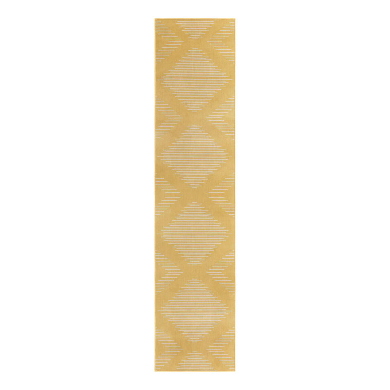 Moroccan Machine Woven Polypropylene Indoor / Outdoor Area Rug in Yellow/White, Runner 3'3" x 12'