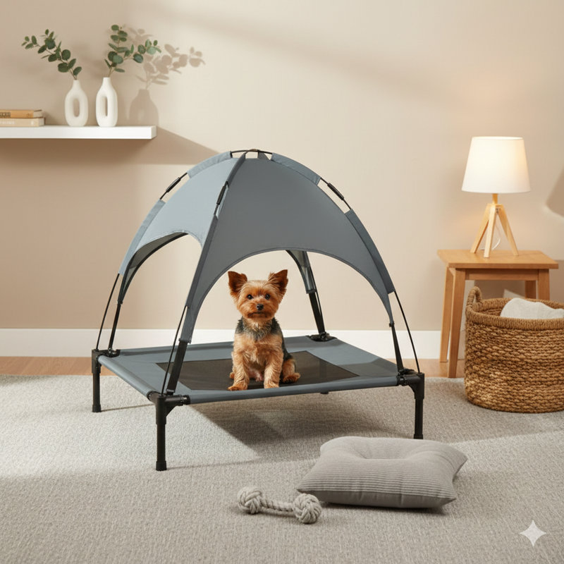 Lit de camp portatif surélevé pour animaux de compagnie avec un auvent intégré offrant un abat-jour de protection UV de 30 pouces de couleur grise.