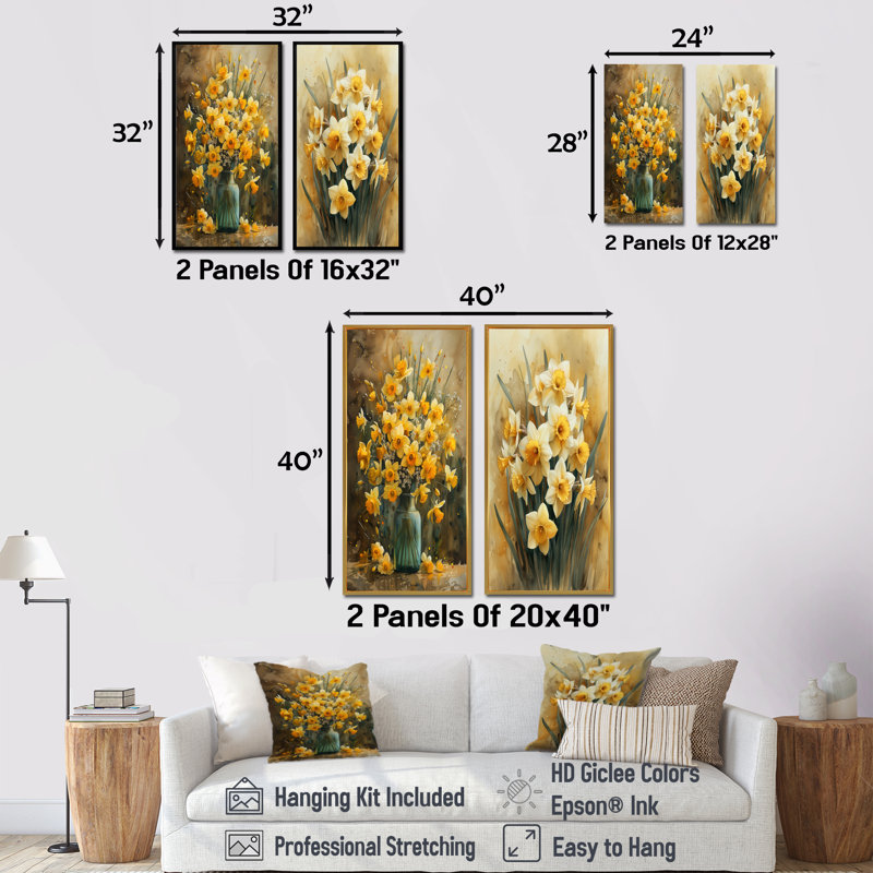 «Yellow Farmhouse Daffodils In Vase I» - ensemble de 2 jonquilles murales, Ne s’applique pas, Toile tendue sur cadre