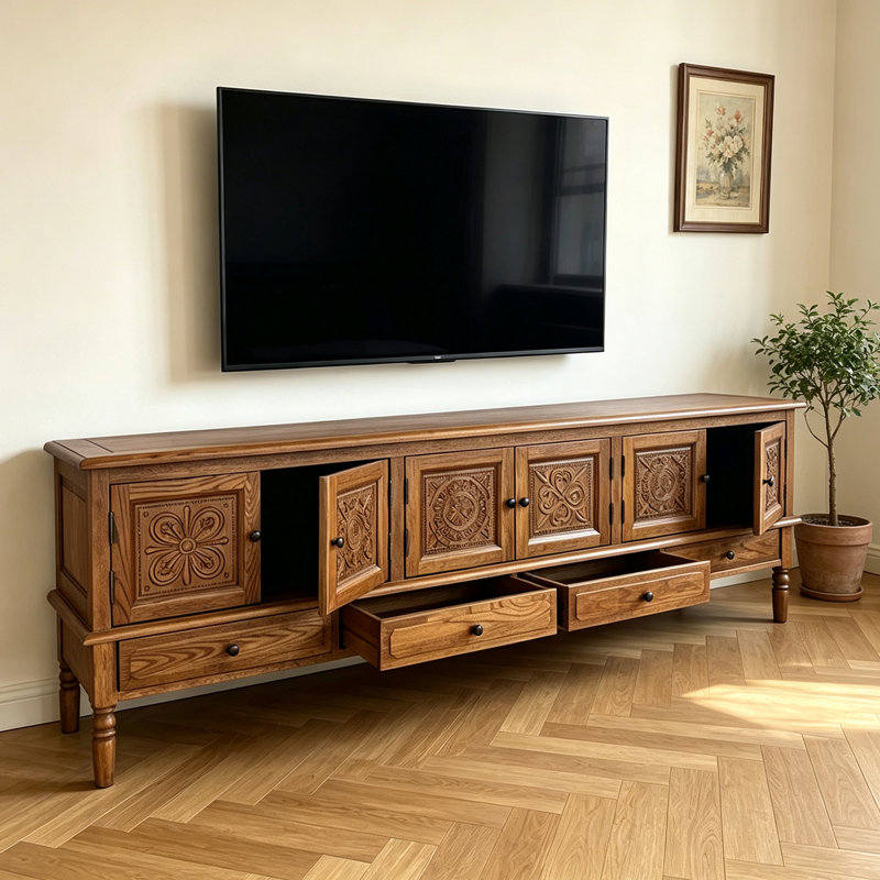 Retro Carved Rectangular Solid Wood TV Stand, Nut-Brown