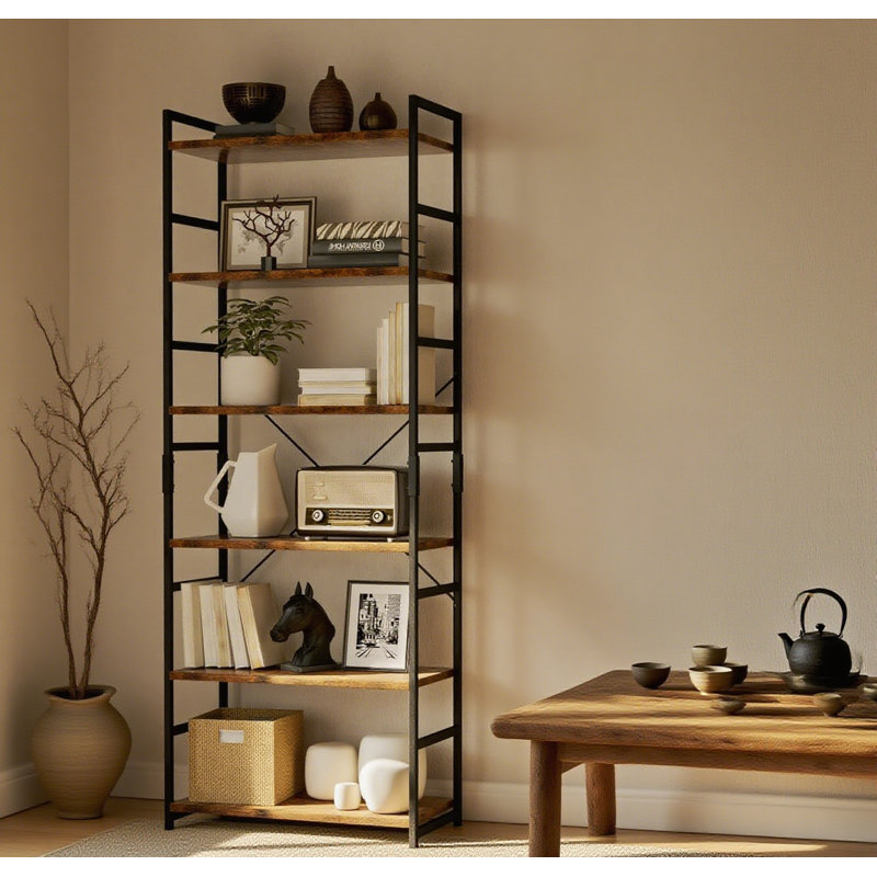 Bibliothèque réglable à 6 niveaux, bibliothèque haute et robuste avec design rétro, organisateur de rangement multifonctionnel pour le salon, la chambre à coucher et le bureau à domicile