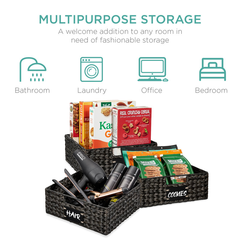 12" W Woven Water Hyacinth Storage Baskets, Black
