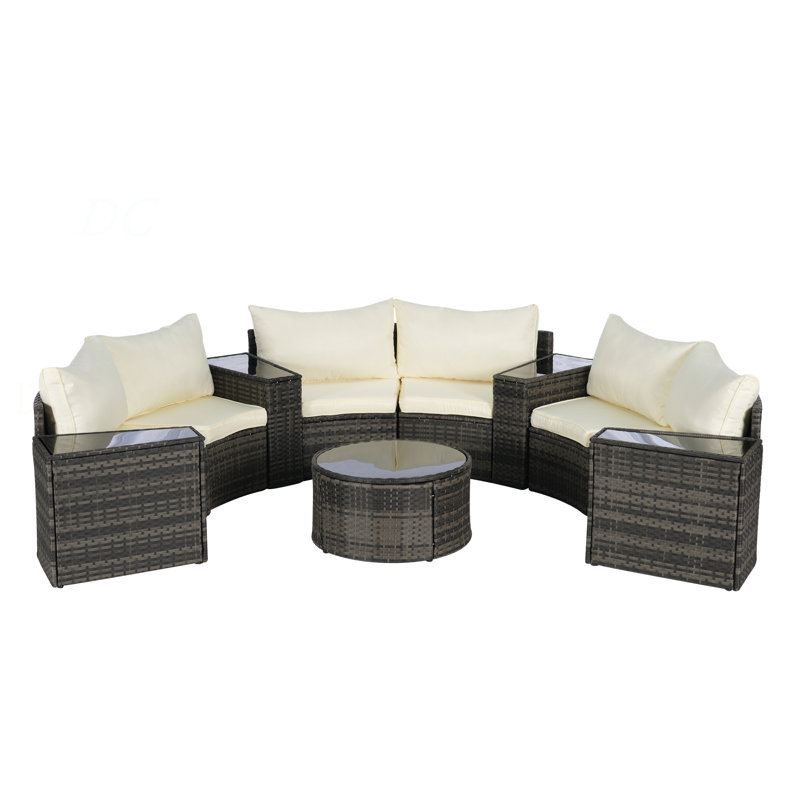 Outdoor Patio Furniture 11-Piece Half-Moon Sectional Round Patio Furniture Set Sofa With Tempered Glass Round Coffee Table