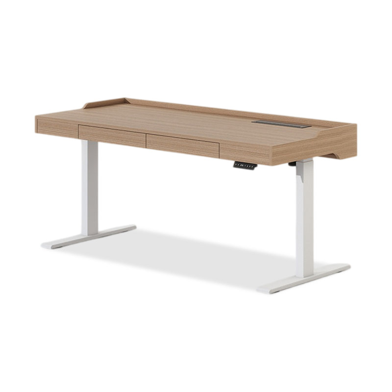 Bureau debout électrique à deux moteurs avec verrou pour enfant, H 27,95 po x l 62,99 po x P 27,56 po, Brun / Blanc