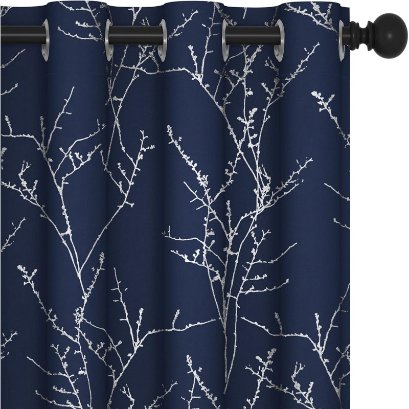 Navy Blue Blackout Curtains with Silver Tree Branch Eyelet Design 132 x 160 cm, 2 Panels