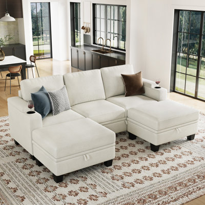 Chenille Upholstered Living Room Storage Sofa With Cupholders