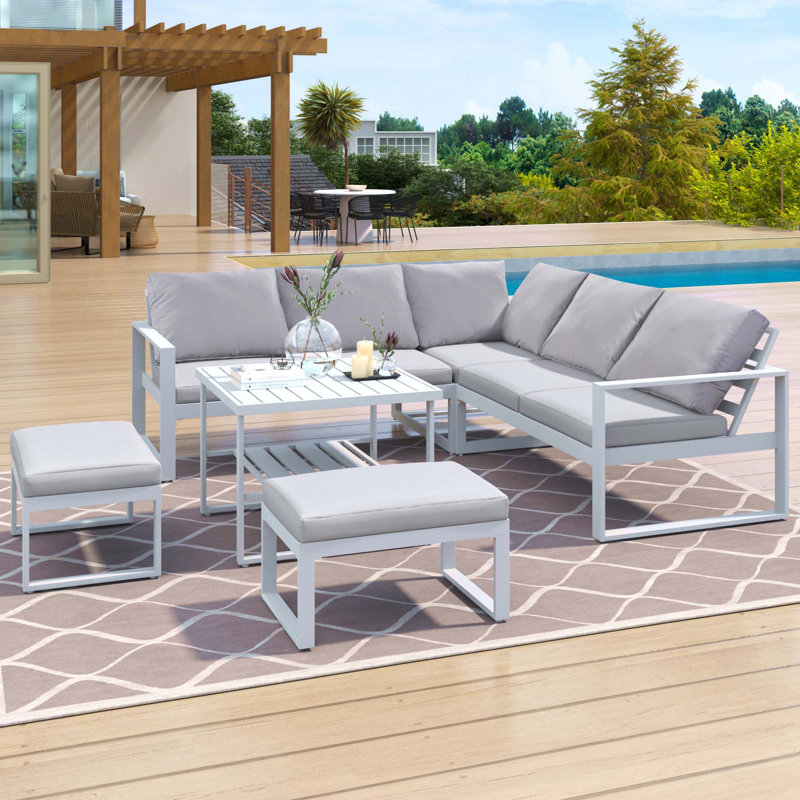 Ensemble de canapé d'extérieur de style industriel avec 2 canapés Love, 1 canapé simple, 1 table et 2 bancs