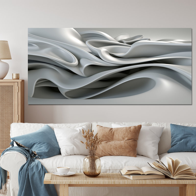 Grey Infinite Ripples - Abstract Modern Waves Framed Canvas Print, Wrapped Canvas, No Frame, 28" H x 60" W