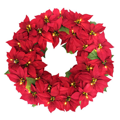 Pre-Lit Battery-Operated Artificial Red Poinsettia Wreath