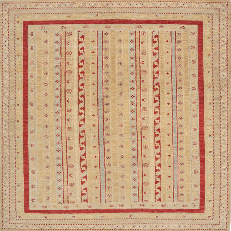 Tapis beige/rouge contemporain, Carré 7 pi