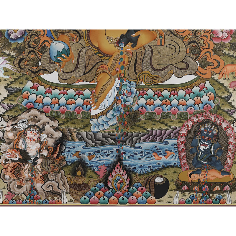 «Panch Kubera - dieu tibétain de la richesse en cinq aspects» peint à la main Thangka | Toile de coton H 35,8 po x l 25,6 po avec feuille d'or véritable 24 carats