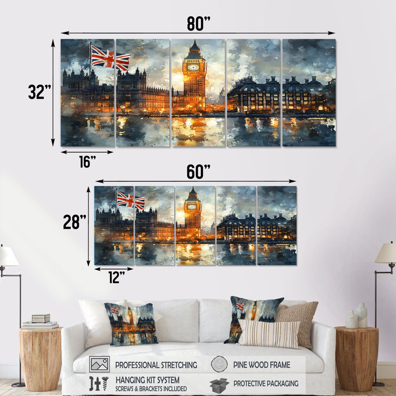 London Big Ben Landscape Glow II - City London Wall Decor - Art mural traditionnel 5 pièces, H 28 po x l 60 po