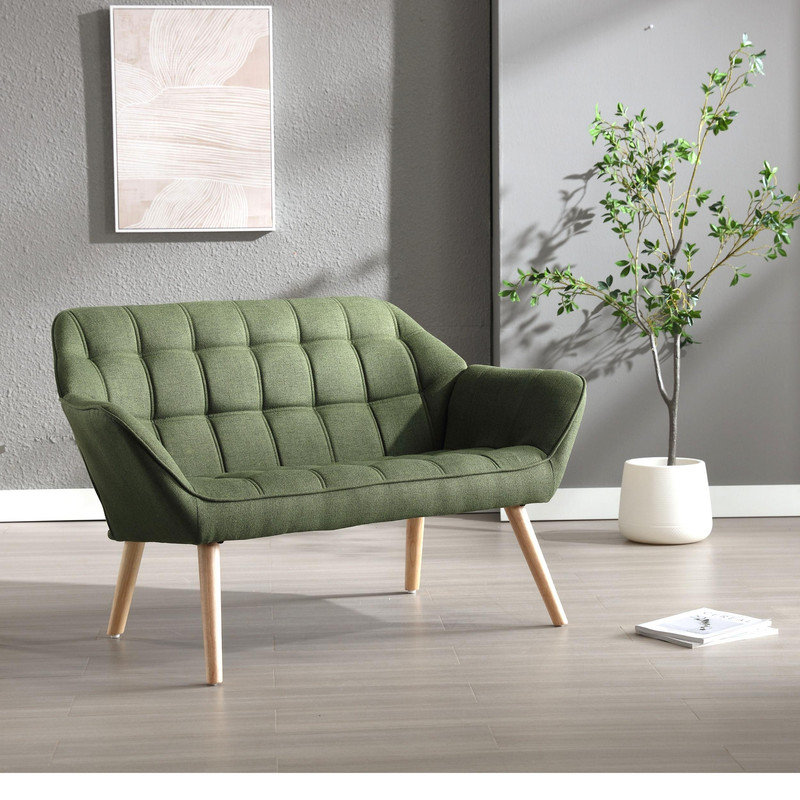 Loveseat, Natural Wood, Green Linen Blend