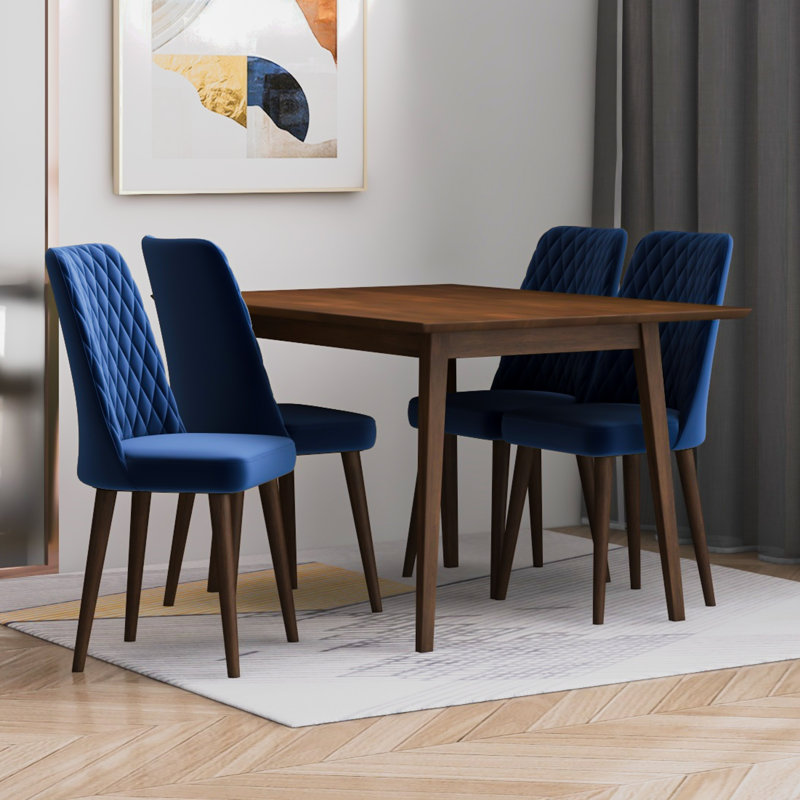 Kaymi 4 - Person Solid Wood Solid Wood Top Four Leg Dining Set, Blue
