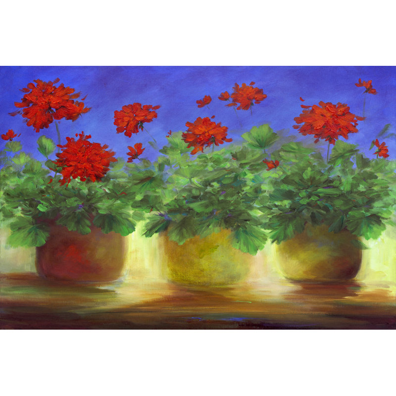 «Geraniums II» par Sheila Finch - peinture sur toile tendue, H 20 po x l 30 po x P 1,25 po