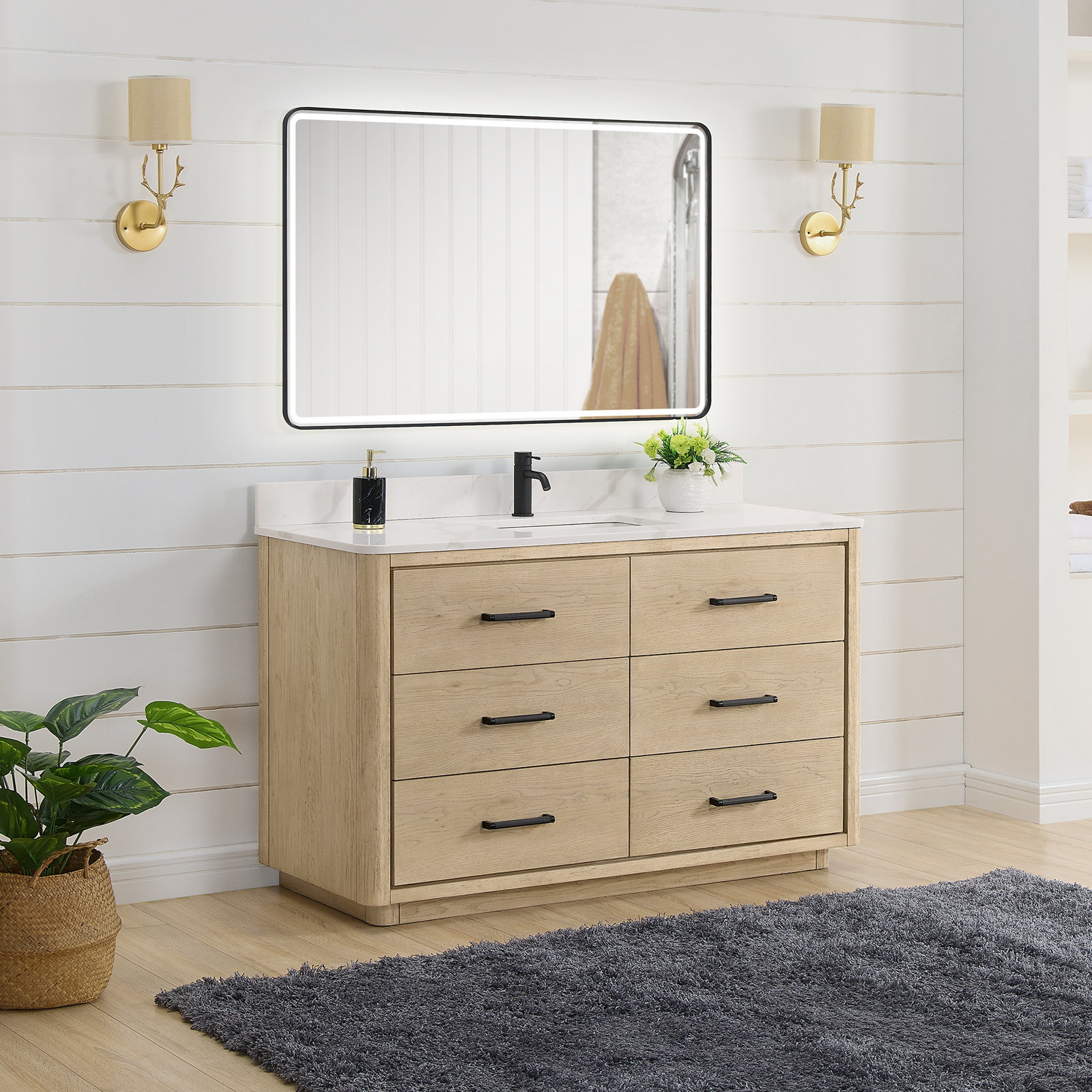 Porto 55'' Single Bathroom Vanity, Natural Oak, Matte Black