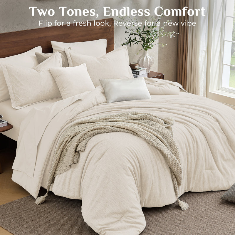 JOLLYVOGUE King Comforter Set 7 Pieces Beige, Cationic Dyeing Bed in a Bag King, Double-Tone Bedding Set with Down Alternative Comforter, Sheets, Pillowcases & Shams