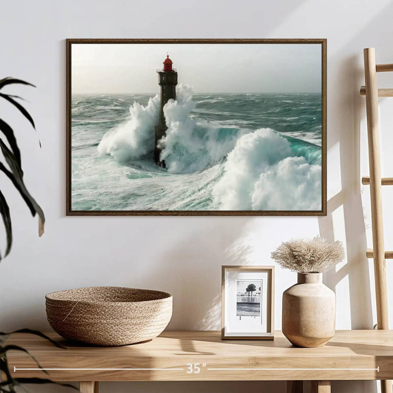Phare dans une tempête, 25 po x 17 po, Cadre flottant noyer