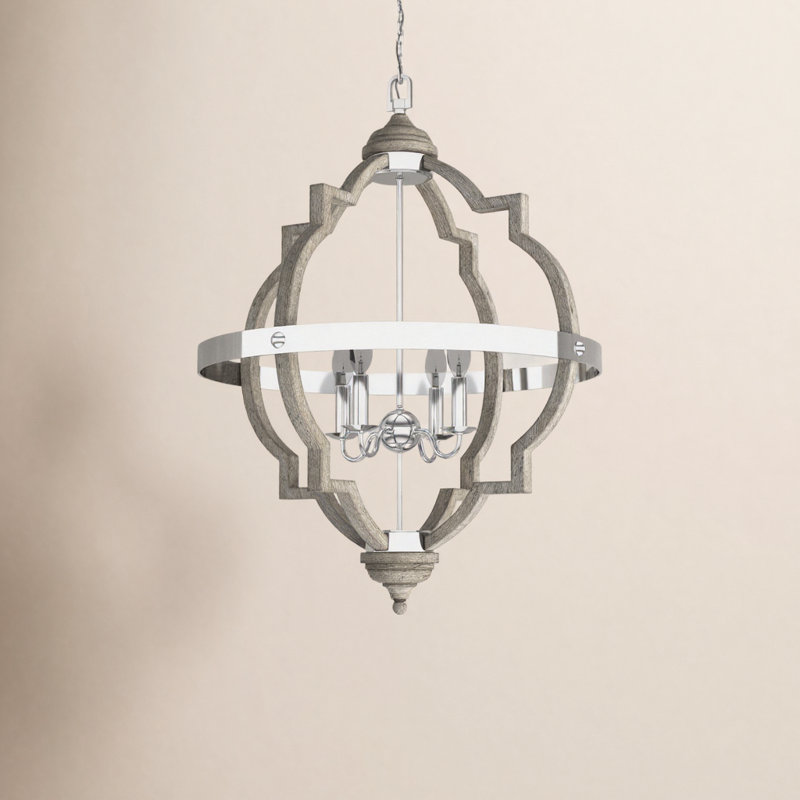 Lustre géométrique de style lanterne à 4 lumières Freemont, Pin délavé, Non inclus