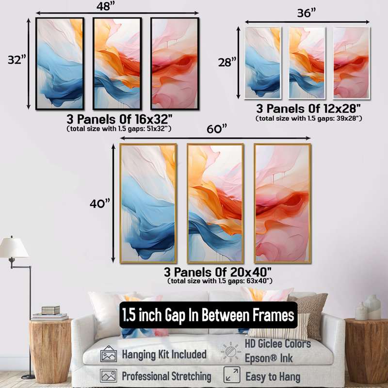 Rose et bleu apaisant tourbillonnant I - art mural abstrait, Cadre flottant noir, H 28 po x l 36 po x P 1 po