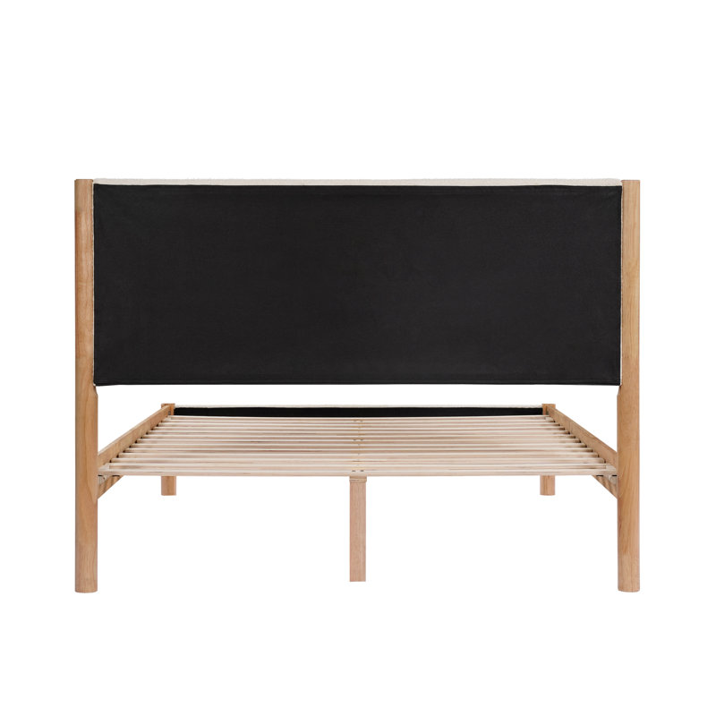 Base de lit en bois massif Ardin avec tête et pied de lit rembourrés crème, Grand lit, Naturel
