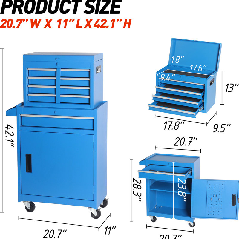 5 armoires à outils amovibles, roues universelles, garage, coffre de rangement bleu, plateau, verrouillable,, Bleu