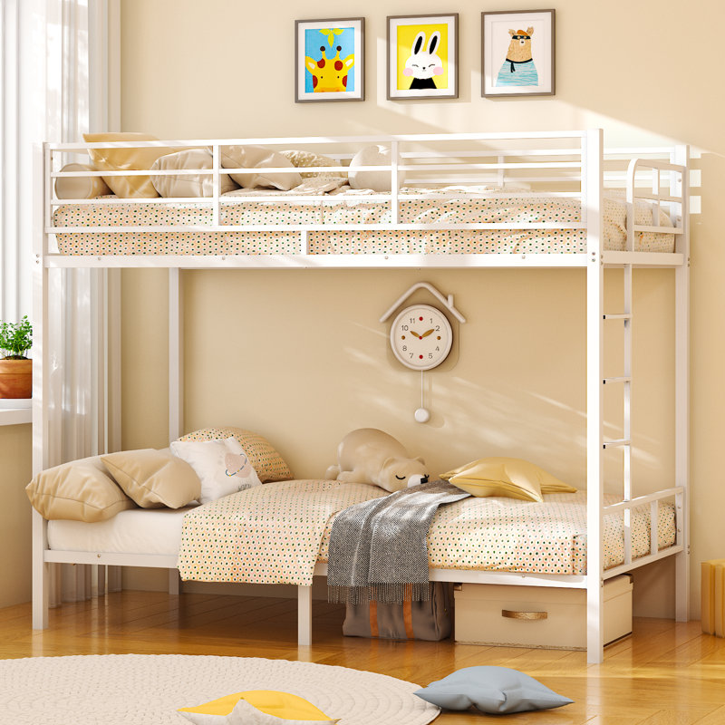 White Twin Over Twin Steel Bunk Beds Frame,14.8" Height Guardrail For Kids Adult Children, White