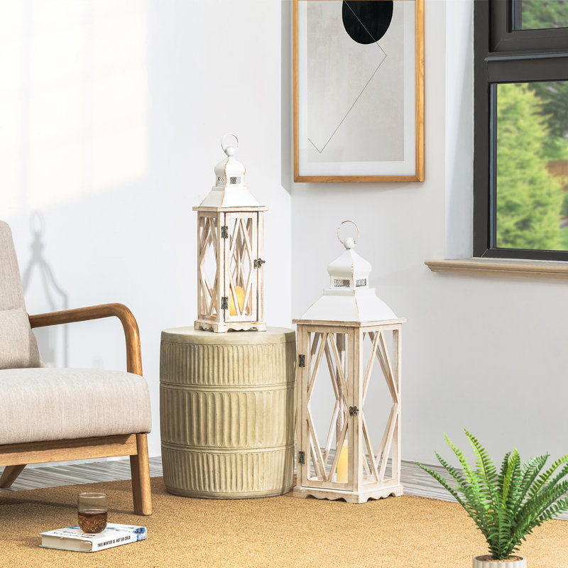 Medders Farmhouse Diamond Antique Tabletop Lantern Set, White