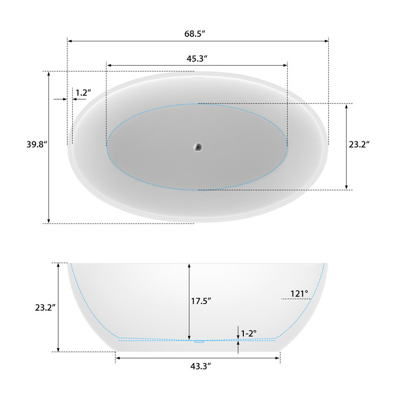 Freestanding Soaking Acrylic Bathtub, White/Oil Rubbed Bronze, 23.2" H x 39.8" W x 68.5" L