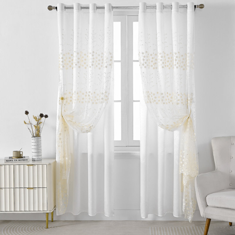 Mkenzi Polyester Double Layers Embroidered Floral Sheer Curtain Panel,52" W x 96" L, Beige