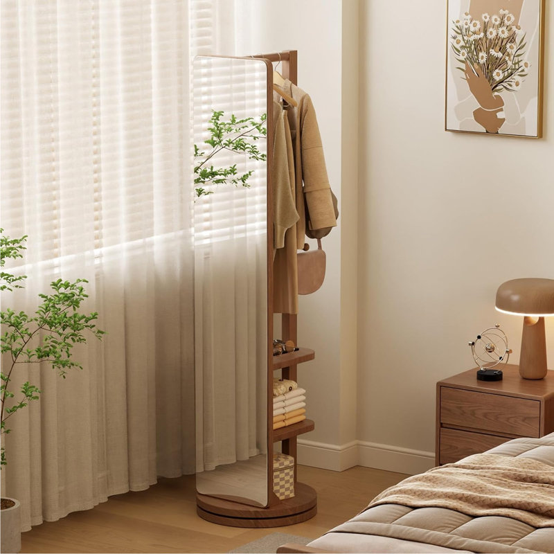 360° Rotating Full Length Floor Mirror With Coat Rack, Multifunctional Storage, Solid Rubberwood, Walnut, 69"x14", Walnut