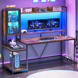 Gaming Desk With Led Lights & Power Outlets, Computer Desk With Hutch, Home Office Desk With Monitor Stand, Display Cabinet, Hooks & Cpu Stand