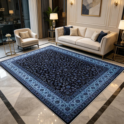 Tapis à bordure florale persan bleu marine 1pc pour le salon, doux et confortable, adapté à toutes les saisons, facile à entretenir, lavable à la machine, tapis de dessous de table convenant à la salle à manger, à la chambre à coucher, au vestibule, à la maison