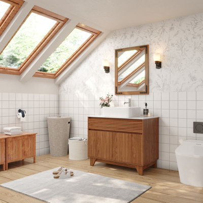 36" Freestanding Walnut Bathroom Vanity Cabinet with Sintered Stone Countertop, Modern Fluted Bathroom Storage Cabinet