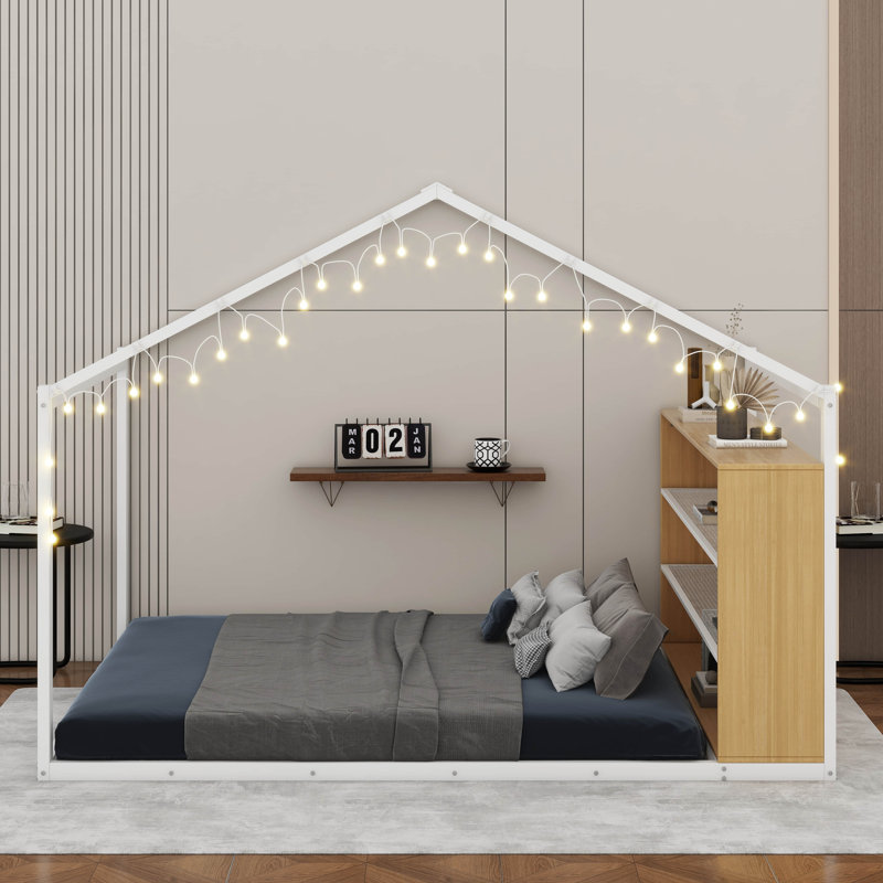 Lit en métal avec lumières et tablettes, Lit double, Blanc