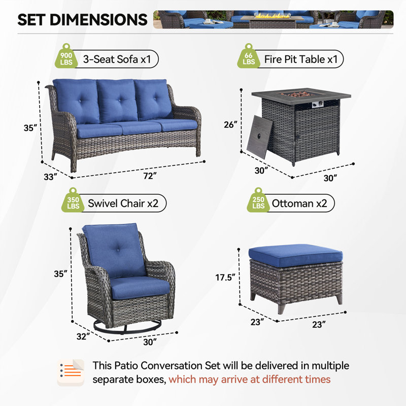 Ensemble de conversation de table de foyer d'extérieur en rotin avec osier pivotant 6 pièces Deeominia, Gris, Bleu