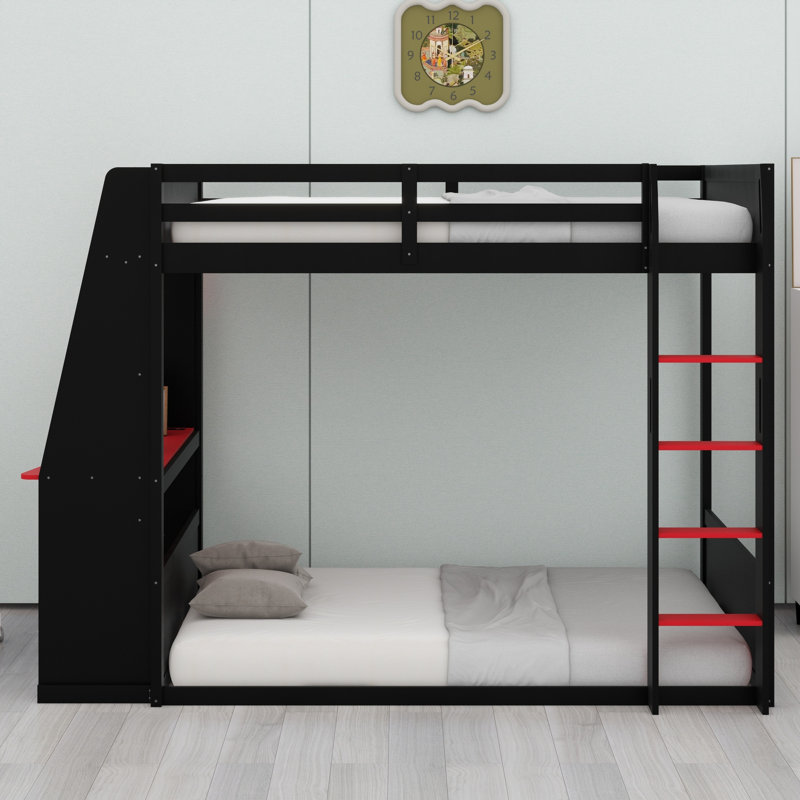 Lit superposé en bois pour enfants avec bureau d'étude intégré, tablettes de rangement, charge USB et DEL, Noir et rouge