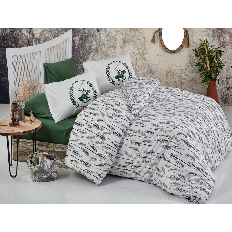 Ensemble de housse de couette 100% coton blanc / vert, Housse de couette 94 po x 87 po + 2 taies d'oreill, Blanc / gris