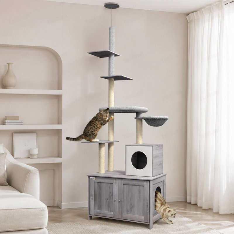 Arbre à chat avec bac à litière, bac à litière 2 en 1 pour chat, lit, hamac, poteaux à griffes et plateformes pour l'intérieur