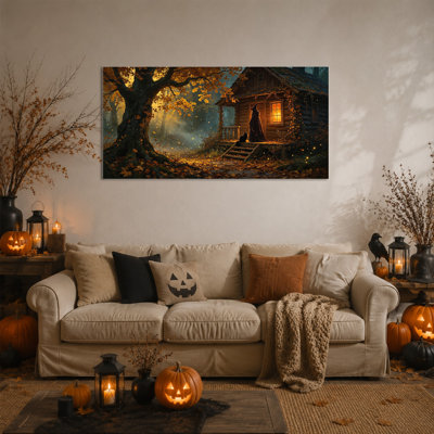 Toile d'art mural sorcière, décoration murale photos d'Halloween, impression d'automne forêt magique pour le salon ou la chambre à coucher, œuvre d'art tendue avec châssis rustique, prête à être suspendue, 16 po x 32 po