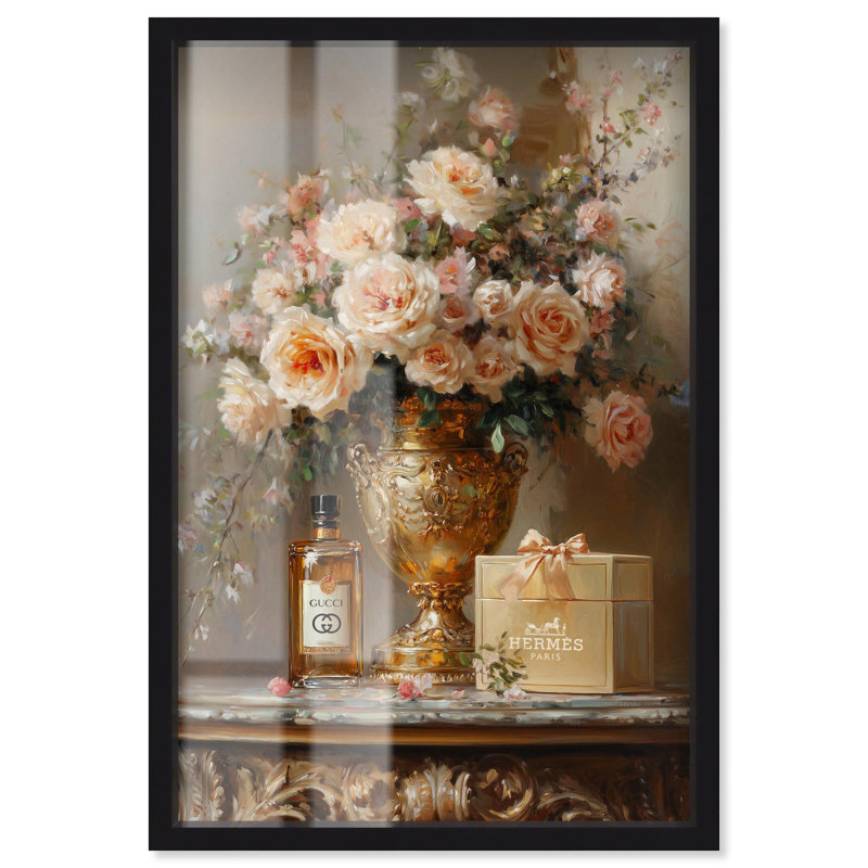 «Classic Vase Tans and Floral Shadowbox Print» par Art Remedy, 46" H x 31" W, Black