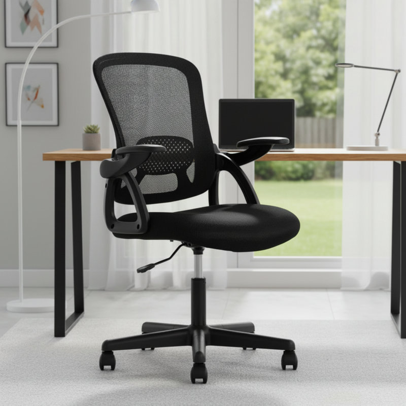 Chaise de bureau ergonomique noire en filet, taille adulte, accoudoirs rabattables, capacité de poids de 275 lb.