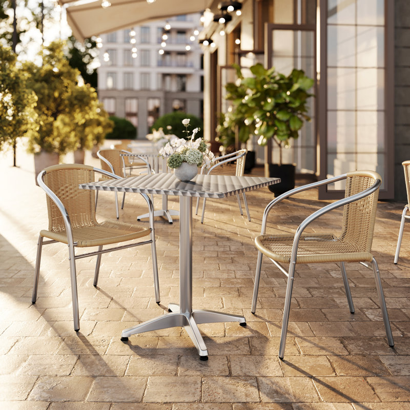 Verl Square Aluminum Indoor-Outdoor Table Set with 2 Rattan Chairs, Beige, 27.25" H x 27.5" W x 27.5" D