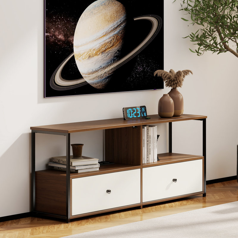 Athena TV Stand For Tvs Up To 65", Media Console With Two Drawers, Charging Station For Living Room, White/Rustic Brown