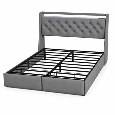 Queen Size Metal Bed Frame with RGB LED & USB Port, 2 Foot Drawers & Tufted Headboard for Modern Bedroom