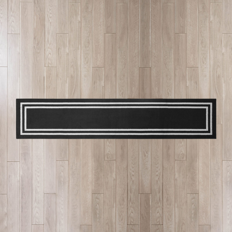 Double Border Machine Tufted Performance Black/Twisted Grey  Rug, Rectangle 2'6" x 12'